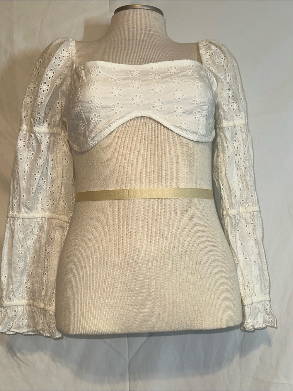 Square Neck Eyelet Puff Sleeve Crop Top - White